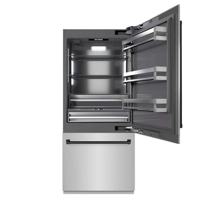 ZLINE Autograph Edition 36 in. 19.8 cu. ft. Built-In Bottom Freezer Refrigerator with Water Dispenser and Ice Maker in Stainless Steel with Graphite Gray Interior and Matte Black Accents (GRBITZ-304-36MB)
