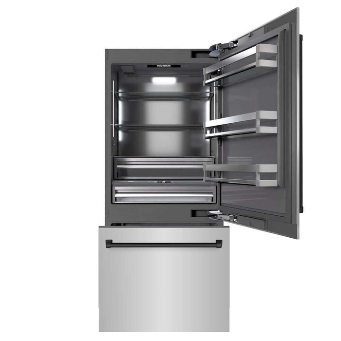 ZLINE Autograph Edition 36 in. 19.8 cu. ft. Built-In Bottom Freezer Refrigerator with Water Dispenser and Ice Maker in Stainless Steel with Graphite Gray Interior and Matte Black Accents (GRBITZ-304-36MB)