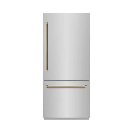 ZLINE Autograph Edition 36 in. 19.8 cu. ft. Built-In Bottom Freezer Refrigerator with Water Dispenser and Ice Maker in Stainless Steel with Graphite Gray Interior and Polished Gold Helix Handles (GRBITZ-30436KG)