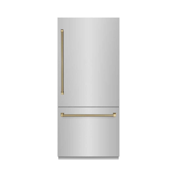 ZLINE Autograph Edition 36 in. 19.8 cu. ft. Built-In Bottom Freezer Refrigerator with Water Dispenser and Ice Maker in Stainless Steel with Graphite Gray Interior and Polished Gold Helix Handles (GRBITZ-30436KG)
