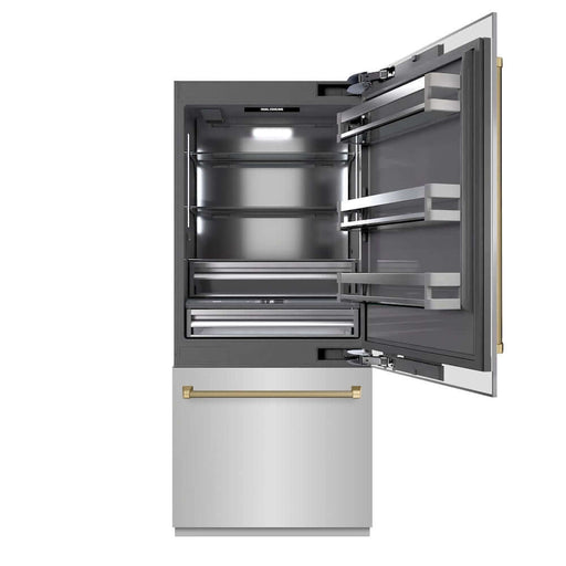 ZLINE Autograph Edition 36 in. 19.8 cu. ft. Built-In Bottom Freezer Refrigerator with Water Dispenser and Ice Maker in Stainless Steel with Graphite Gray Interior and Polished Gold Helix Handles (GRBITZ-30436KG)