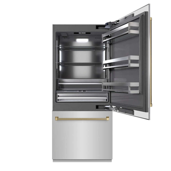 ZLINE Autograph Edition 36 in. 19.8 cu. ft. Built-In Bottom Freezer Refrigerator with Water Dispenser and Ice Maker in Stainless Steel with Graphite Gray Interior and Polished Gold Helix Handles (GRBITZ-30436KG)
