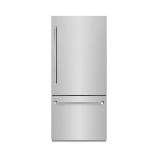 ZLINE Autograph Edition 36 in. 19.8 cu. ft. Built-In Bottom Freezer Refrigerator with Water Dispenser and Ice Maker in Stainless Steel with Graphite Gray Interior and Polished Nickel Helix Handles (GRBITZ-30436KPN)
