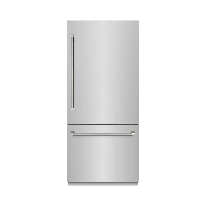 ZLINE Autograph Edition 36 in. 19.8 cu. ft. Built-In Bottom Freezer Refrigerator with Water Dispenser and Ice Maker in Stainless Steel with Graphite Gray Interior and Polished Nickel Helix Handles (GRBITZ-30436KPN)