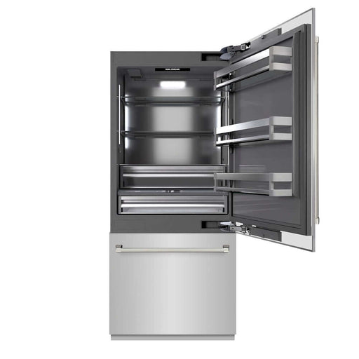 ZLINE Autograph Edition 36 in. 19.8 cu. ft. Built-In Bottom Freezer Refrigerator with Water Dispenser and Ice Maker in Stainless Steel with Graphite Gray Interior and Polished Nickel Helix Handles (GRBITZ-30436KPN)