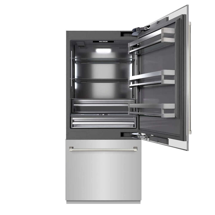 ZLINE Autograph Edition 36 in. 19.8 cu. ft. Built-In Bottom Freezer Refrigerator with Water Dispenser and Ice Maker in Stainless Steel with Graphite Gray Interior and Polished Nickel Helix Handles (GRBITZ-30436KPN)