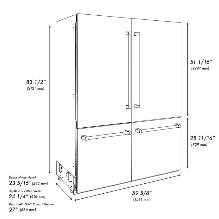 ZLINE 60 in. 32.2 cu. ft. French Door Built-In Bottom Freezer Refrigerator with Water Dispensers and Ice Makers in Stainless Steel with Graphite Gray Interior (GRBIV-304-60)