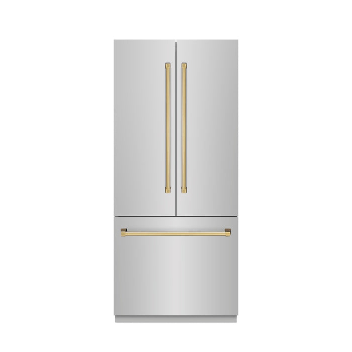 ZLINE Autograph Edition 36 in. 19.6 cu. ft. French Door Built-In Bottom Freezer Refrigerator with Water Dispenser and Ice Maker in Stainless Steel with Graphite Gray Interior and Polished Gold Accents (GRBIVZ-304-36G)