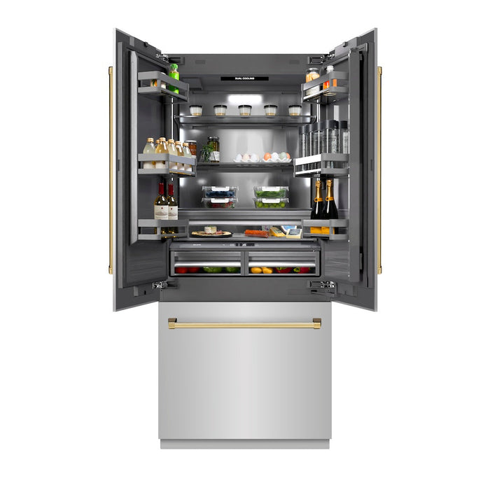 ZLINE Autograph Edition 36 in. 19.6 cu. ft. French Door Built-In Bottom Freezer Refrigerator with Water Dispenser and Ice Maker in Stainless Steel with Graphite Gray Interior and Polished Gold Accents (GRBIVZ-304-36G)