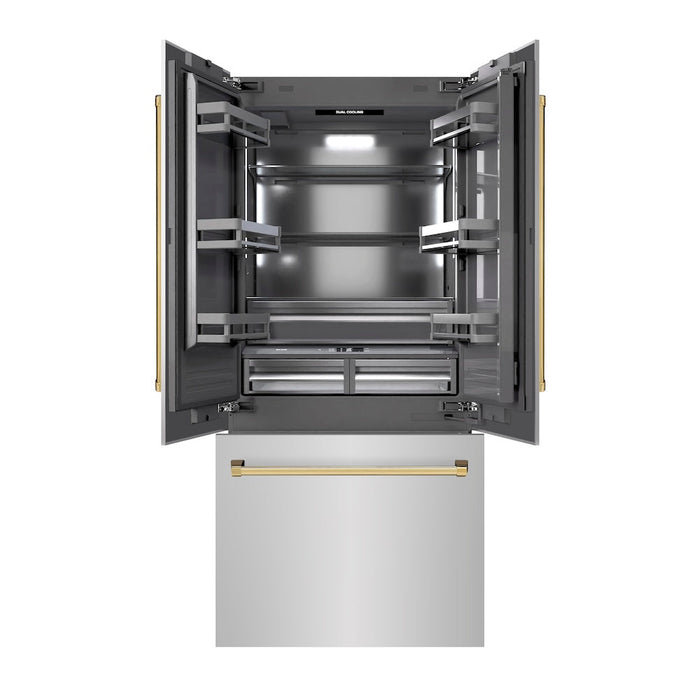 ZLINE Autograph Edition 36 in. 19.6 cu. ft. French Door Built-In Bottom Freezer Refrigerator with Water Dispenser and Ice Maker in Stainless Steel with Graphite Gray Interior and Polished Gold Accents (GRBIVZ-304-36G)