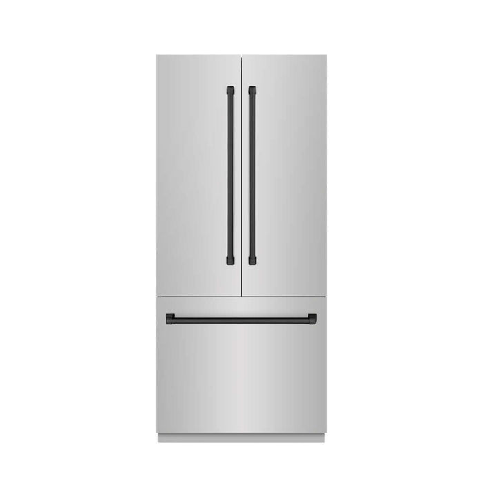 ZLINE Autograph Edition 36 in. 19.6 cu. ft. French Door Built-In Bottom Freezer Refrigerator with Water Dispenser and Ice Maker in Stainless Steel with Graphite Gray Interior and Matte Black Accents (GRBIVZ-304-36MB)