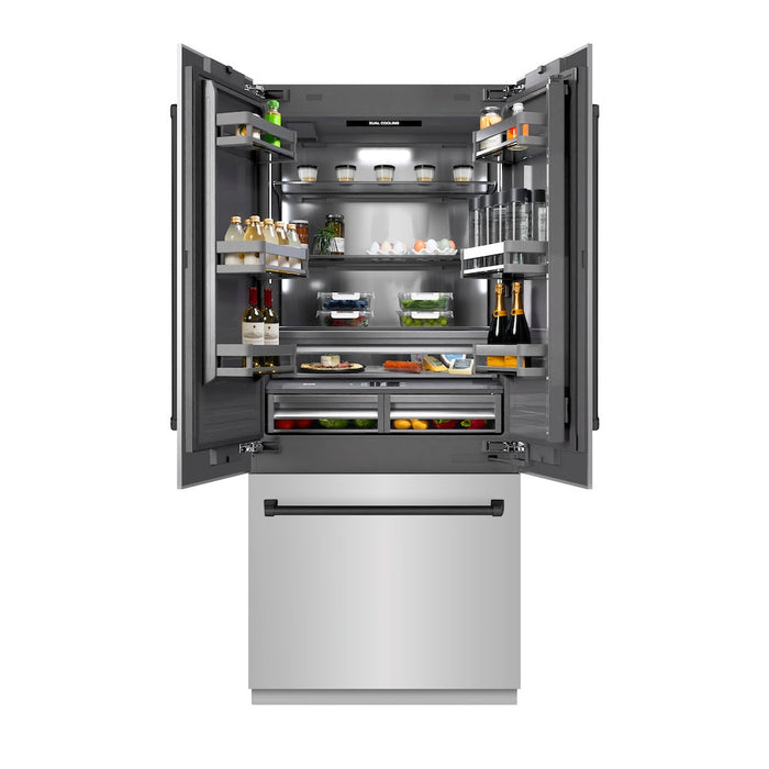 ZLINE Autograph Edition 36 in. 19.6 cu. ft. French Door Built-In Bottom Freezer Refrigerator with Water Dispenser and Ice Maker in Stainless Steel with Graphite Gray Interior and Matte Black Accents (GRBIVZ-304-36MB)