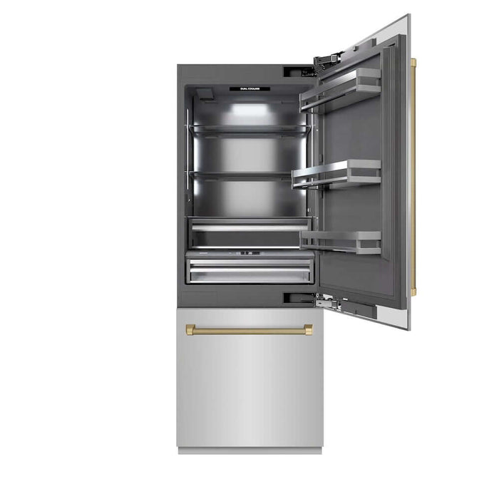 ZLINE Autograph Edition 30 in. 16.1 cu. ft. Built-In Bottom Freezer Refrigerator with Water Dispenser and Ice Maker in Stainless Steel with Graphite Gray Interior and Champagne Bronze Helix Handles (GRBIVZ-30430KCB)