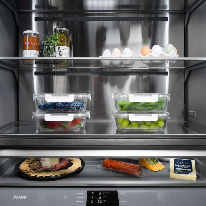 ZLINE Autograph Edition 30 in. 16.1 cu. ft. Built-In Bottom Freezer Refrigerator with Water Dispenser and Ice Maker in Stainless Steel with Graphite Gray Interior and Polished Gold Helix Handles (GRBIVZ-30430KG)
