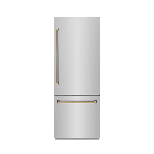 ZLINE Autograph Edition 30 in. 16.1 cu. ft. Built-In Bottom Freezer Refrigerator with Water Dispenser and Ice Maker in Stainless Steel with Graphite Gray Interior and Polished Gold Helix Handles (GRBIVZ-30430KG)
