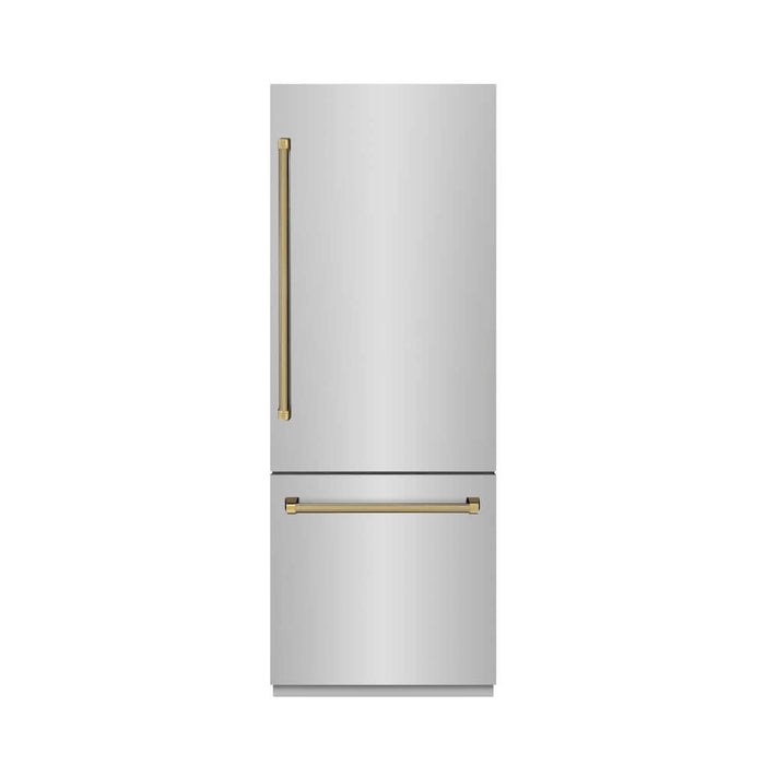 ZLINE Autograph Edition 30 in. 16.1 cu. ft. Built-In Bottom Freezer Refrigerator with Water Dispenser and Ice Maker in Stainless Steel with Graphite Gray Interior and Polished Gold Helix Handles (GRBIVZ-30430KG)