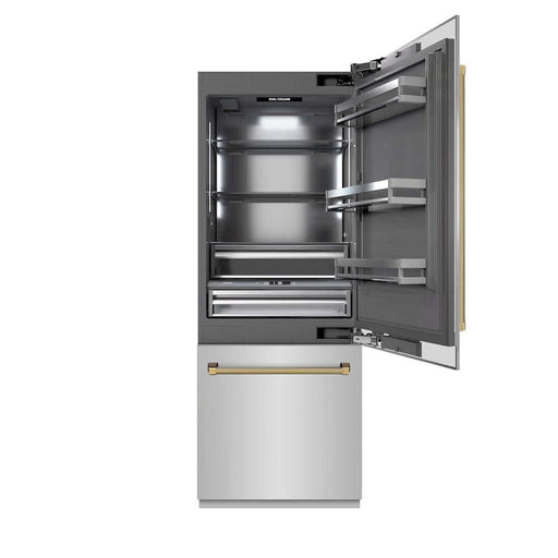 ZLINE Autograph Edition 30 in. 16.1 cu. ft. Built-In Bottom Freezer Refrigerator with Water Dispenser and Ice Maker in Stainless Steel with Graphite Gray Interior and Polished Gold Helix Handles (GRBIVZ-30430KG)