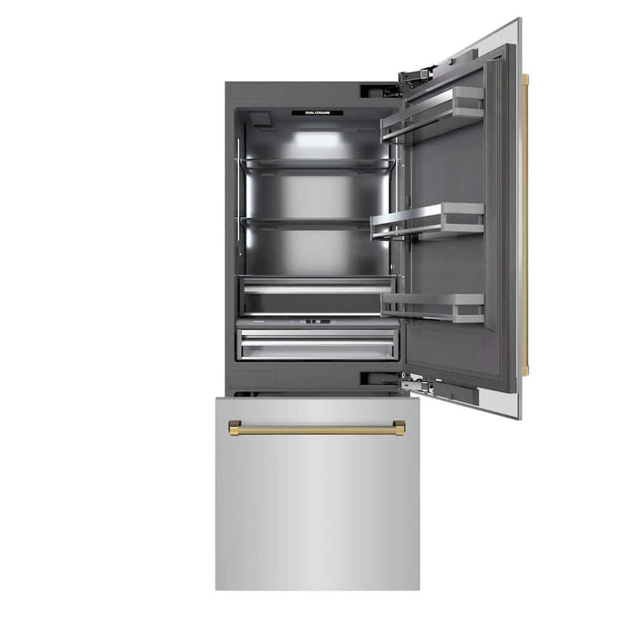 ZLINE Autograph Edition 30 in. 16.1 cu. ft. Built-In Bottom Freezer Refrigerator with Water Dispenser and Ice Maker in Stainless Steel with Graphite Gray Interior and Polished Gold Helix Handles (GRBIVZ-30430KG)