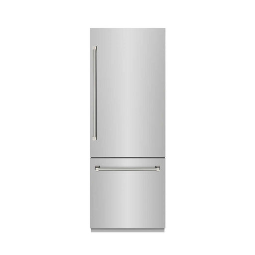 ZLINE Autograph Edition 30 in. 16.1 cu. ft. Built-In Bottom Freezer Refrigerator with Water Dispenser and Ice Maker in Stainless Steel with Graphite Gray Interior and Polished Nickel Helix Handles (GRBIVZ-30430KPN)