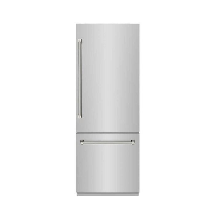ZLINE Autograph Edition 30 in. 16.1 cu. ft. Built-In Bottom Freezer Refrigerator with Water Dispenser and Ice Maker in Stainless Steel with Graphite Gray Interior and Polished Nickel Helix Handles (GRBIVZ-30430KPN)
