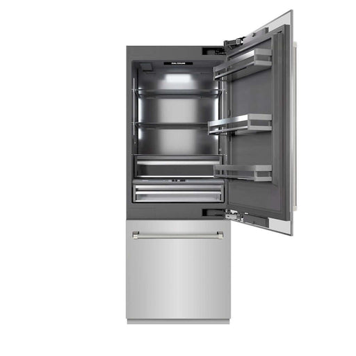 ZLINE Autograph Edition 30 in. 16.1 cu. ft. Built-In Bottom Freezer Refrigerator with Water Dispenser and Ice Maker in Stainless Steel with Graphite Gray Interior and Polished Nickel Helix Handles (GRBIVZ-30430KPN)