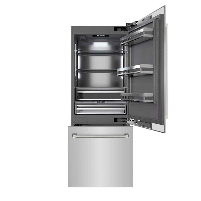 ZLINE Autograph Edition 30 in. 16.1 cu. ft. Built-In Bottom Freezer Refrigerator with Water Dispenser and Ice Maker in Stainless Steel with Graphite Gray Interior and Polished Nickel Helix Handles (GRBIVZ-30430KPN)