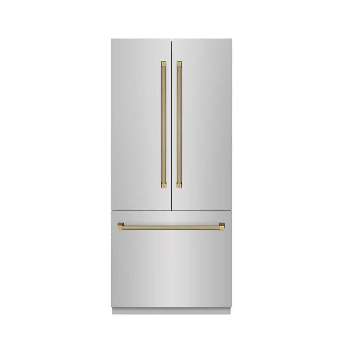 ZLINE Autograph Edition 36 in. 19.6 cu. ft. French Door Built-In Bottom Freezer Refrigerator with Water Dispenser and Ice Maker in Stainless Steel with Graphite Gray Interior and Polished Gold Helix Handles (GRBIVZ-30436KG)