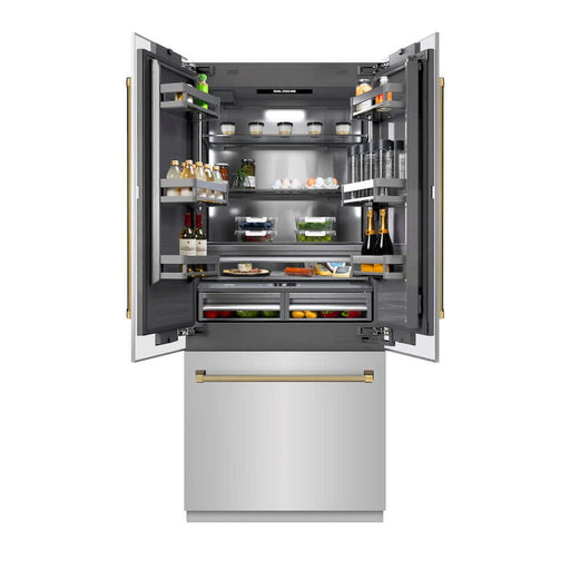 ZLINE Autograph Edition 36 in. 19.6 cu. ft. French Door Built-In Bottom Freezer Refrigerator with Water Dispenser and Ice Maker in Stainless Steel with Graphite Gray Interior and Polished Gold Helix Handles (GRBIVZ-30436KG)