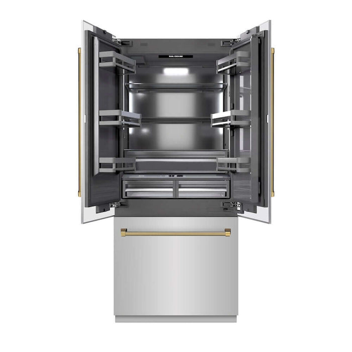 ZLINE Autograph Edition 36 in. 19.6 cu. ft. French Door Built-In Bottom Freezer Refrigerator with Water Dispenser and Ice Maker in Stainless Steel with Graphite Gray Interior and Polished Gold Helix Handles (GRBIVZ-30436KG)