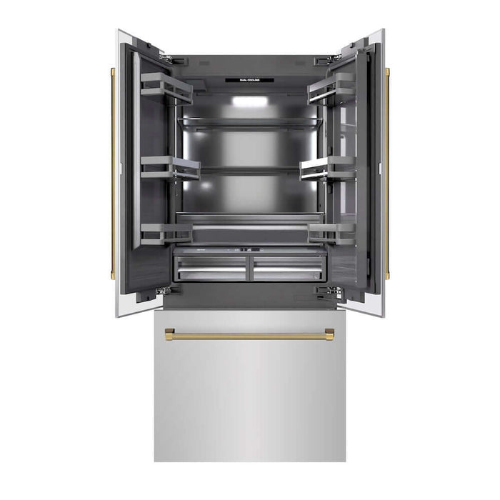 ZLINE Autograph Edition 36 in. 19.6 cu. ft. French Door Built-In Bottom Freezer Refrigerator with Water Dispenser and Ice Maker in Stainless Steel with Graphite Gray Interior and Polished Gold Helix Handles (GRBIVZ-30436KG)