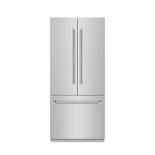 ZLINE Autograph Edition 36 in. 19.6 cu. ft. French Door Built-In Bottom Freezer Refrigerator with Water Dispenser and Ice Maker in Stainless Steel with Graphite Gray Interior and Polished Nickel Helix Handles (GRBIVZ-30436KPN)
