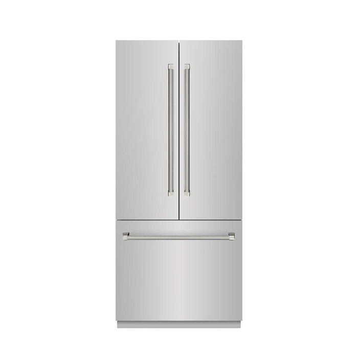 ZLINE Autograph Edition 36 in. 19.6 cu. ft. French Door Built-In Bottom Freezer Refrigerator with Water Dispenser and Ice Maker in Stainless Steel with Graphite Gray Interior and Polished Nickel Helix Handles (GRBIVZ-30436KPN)