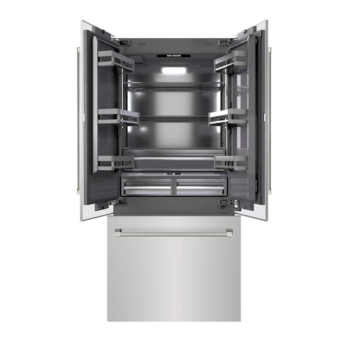 ZLINE Autograph Edition 36 in. 19.6 cu. ft. French Door Built-In Bottom Freezer Refrigerator with Water Dispenser and Ice Maker in Stainless Steel with Graphite Gray Interior and Polished Nickel Helix Handles (GRBIVZ-30436KPN)