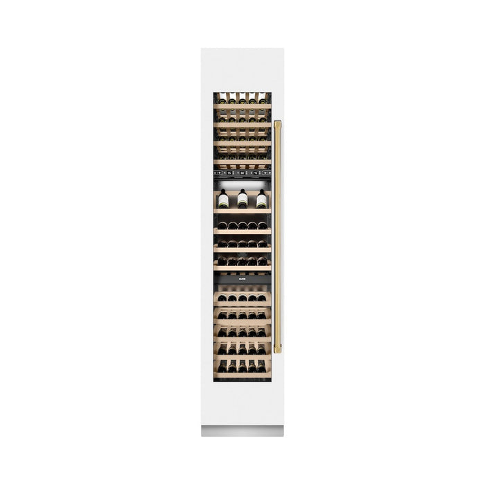 ZLINE Autograph Edition 18 in. 9.0 cu. ft. Triple Zone 68 Bottle Left Hinge Column Wine Cooler in White Matte with Polished Gold Accents (RCWVLZ-WM-18-G)