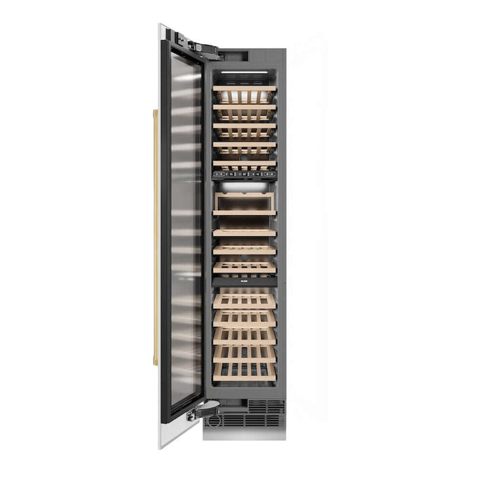 ZLINE Autograph Edition 18 in. 9.0 cu. ft. Triple Zone 68 Bottle Left Hinge Column Wine Cooler in White Matte with Polished Gold Accents (RCWVLZ-WM-18-G)
