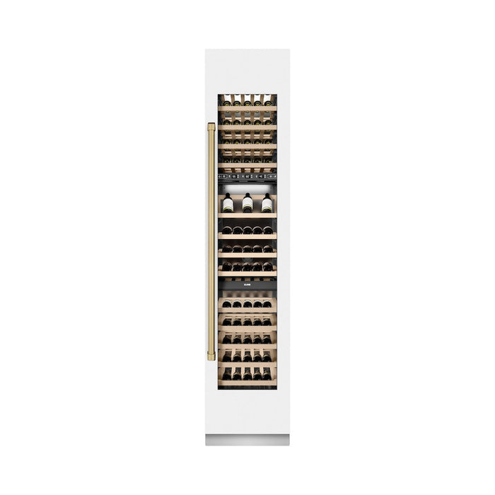 ZLINE Autograph Edition 18 in. 9.0 cu. ft. Triple Zone 68 Bottle Right Hinge Column Wine Cooler in White Matte with Champagne Bronze Accents (RCWVRZ-WM-18-CB)