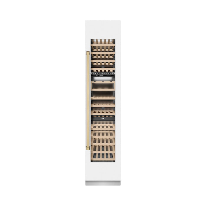 ZLINE Autograph Edition 18 in. 9.0 cu. ft. Triple Zone 68 Bottle Right Hinge Column Wine Cooler in White Matte with Champagne Bronze Accents (RCWVRZ-WM-18-CB)