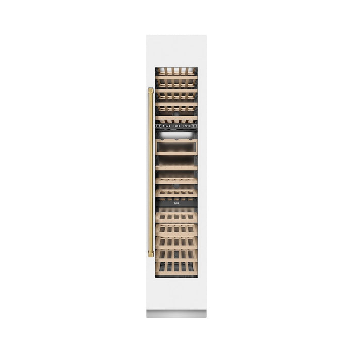 ZLINE Autograph Edition 18 in. 9.0 cu. ft. Triple Zone 68 Bottle Right Hinge Column Wine Cooler in White Matte with Polished Gold Accents (RCWVRZ-WM-18-G)