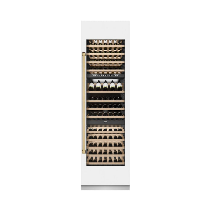 ZLINE Autograph Edition 24 in. 12.4 cu. ft. Triple Zone 100 Bottle Column Wine Cooler in White Matte and Champagne Bronze Accents (RCWVZ-WM-24-CB)