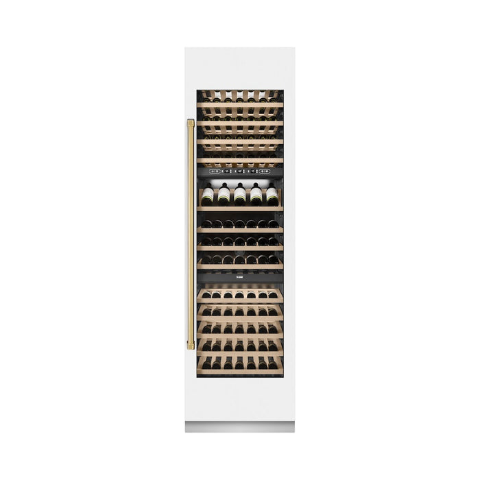 ZLINE Autograph Edition 24 in. 12.4 cu. ft. Triple Zone 100 Bottle Column Wine Cooler in White Matte and Polished Gold Accents (RCWVZ-WM-24-G)