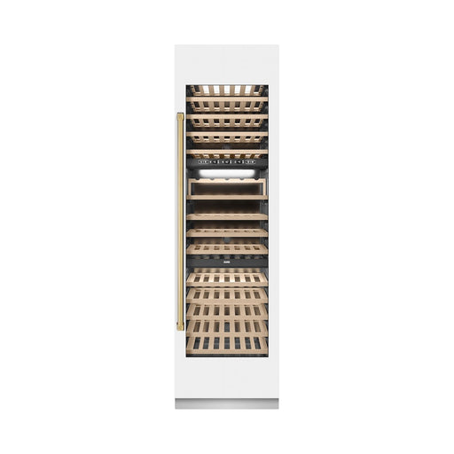 ZLINE Autograph Edition 24 in. 12.4 cu. ft. Triple Zone 100 Bottle Column Wine Cooler in White Matte and Polished Gold Accents (RCWVZ-WM-24-G)