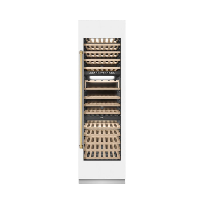 ZLINE Autograph Edition 24 in. 12.4 cu. ft. Triple Zone 100 Bottle Column Wine Cooler in White Matte and Polished Gold Accents (RCWVZ-WM-24-G)