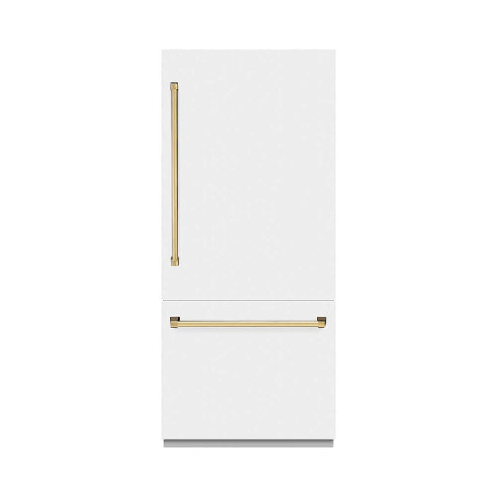 ZLINE Autograph Edition 36 in. 19.8 cu. ft. Built-In Bottom Freezer Refrigerator with Water Dispenser and Ice Maker in White Matte with Graphite Gray Interior and Polished Gold Accents (GRBITZ-WM-36-G)