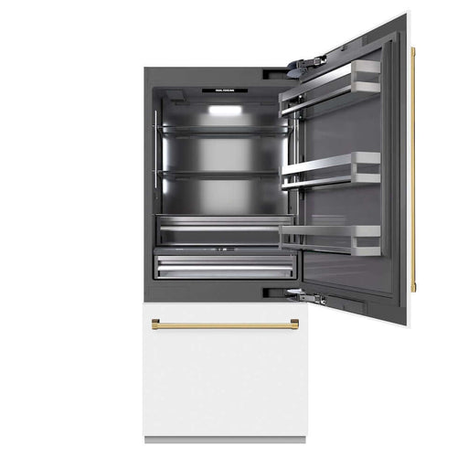 ZLINE Autograph Edition 36 in. 19.8 cu. ft. Built-In Bottom Freezer Refrigerator with Water Dispenser and Ice Maker in White Matte with Graphite Gray Interior and Polished Gold Accents (GRBITZ-WM-36-G)