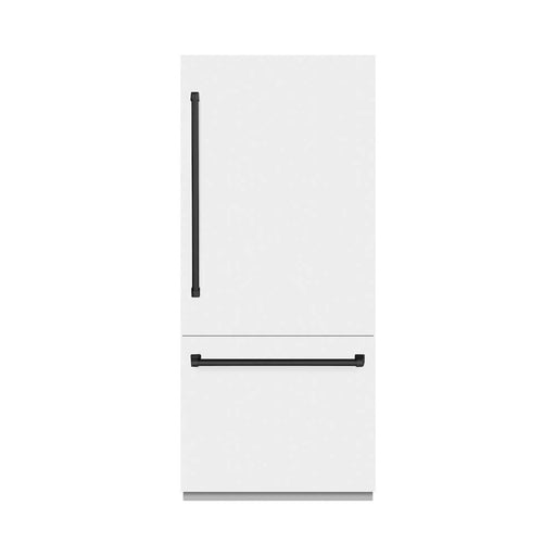 ZLINE Autograph Edition 36 in. 19.8 cu. ft. Built-In Bottom Freezer Refrigerator with Water Dispenser and Ice Maker in White Matte with Graphite Gray Interior and Matte Black Accents (GRBITZ-WM-36-MB)