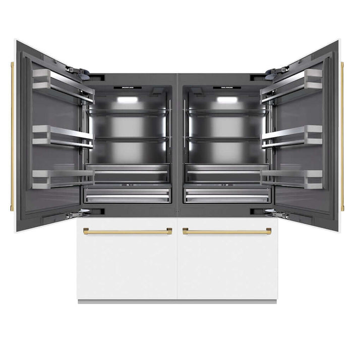 ZLINE Autograph Edition 72 in. 39.6 cu. ft. French Door Built-In Bottom Freezer Refrigerator with Water Dispensers and Ice Makers in White Matte with Graphite Gray Interior and Polished Gold Accents (GRBITZ-WM-72-G)