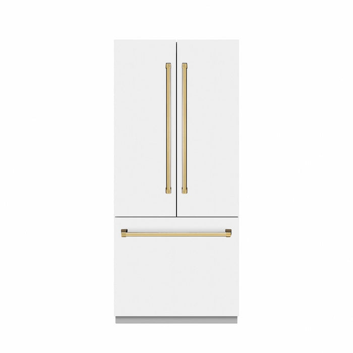 ZLINE Autograph Edition 36 in. 19.6 cu. ft. French Door Built-In Bottom Freezer Refrigerator with Water Dispenser and Ice Maker in White Matte with Graphite Gray Interior and Polished Gold Accents (GRBIVZ-WM-36-G)