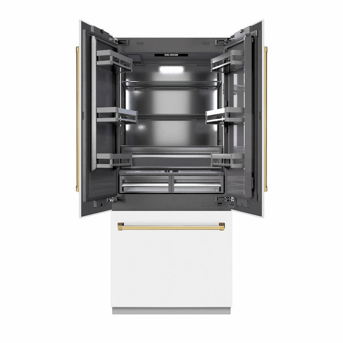 ZLINE Autograph Edition 36 in. 19.6 cu. ft. French Door Built-In Bottom Freezer Refrigerator with Water Dispenser and Ice Maker in White Matte with Graphite Gray Interior and Polished Gold Accents (GRBIVZ-WM-36-G)