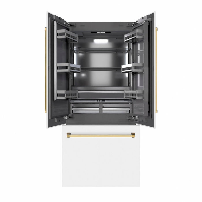 ZLINE Autograph Edition 36 in. 19.6 cu. ft. French Door Built-In Bottom Freezer Refrigerator with Water Dispenser and Ice Maker in White Matte with Graphite Gray Interior and Polished Gold Accents (GRBIVZ-WM-36-G)
