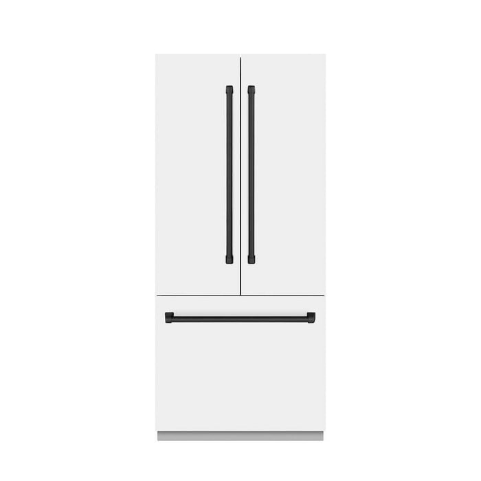 ZLINE Autograph Edition 36 in. 19.6 cu. ft. French Door Built-In Bottom Freezer Refrigerator with Water Dispenser and Ice Maker in White Matte with Graphite Gray Interior and Matte Black Accents (GRBIVZ-WM-36-MB)